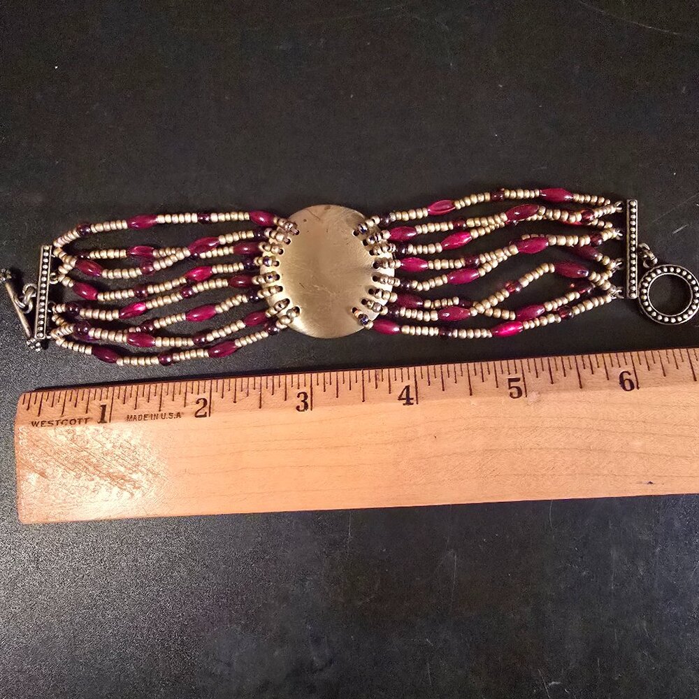 Vintage Boho Red Beaded Multi Strand Bracelet Gold Tone Disc Medallion Toggle